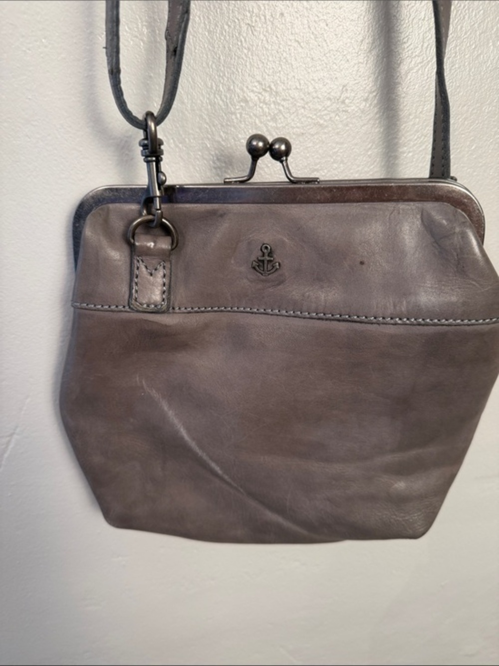 Gray Leather Harbor 2nd Crossbody W/Adjustable Strap And KissLock Closure